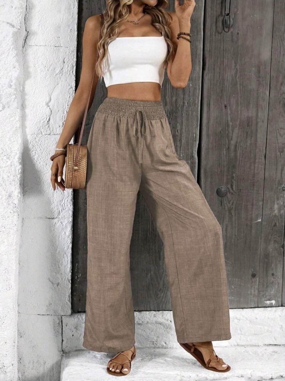 SHEIN Taupe Wide-Leg Smocked Waist Pants
